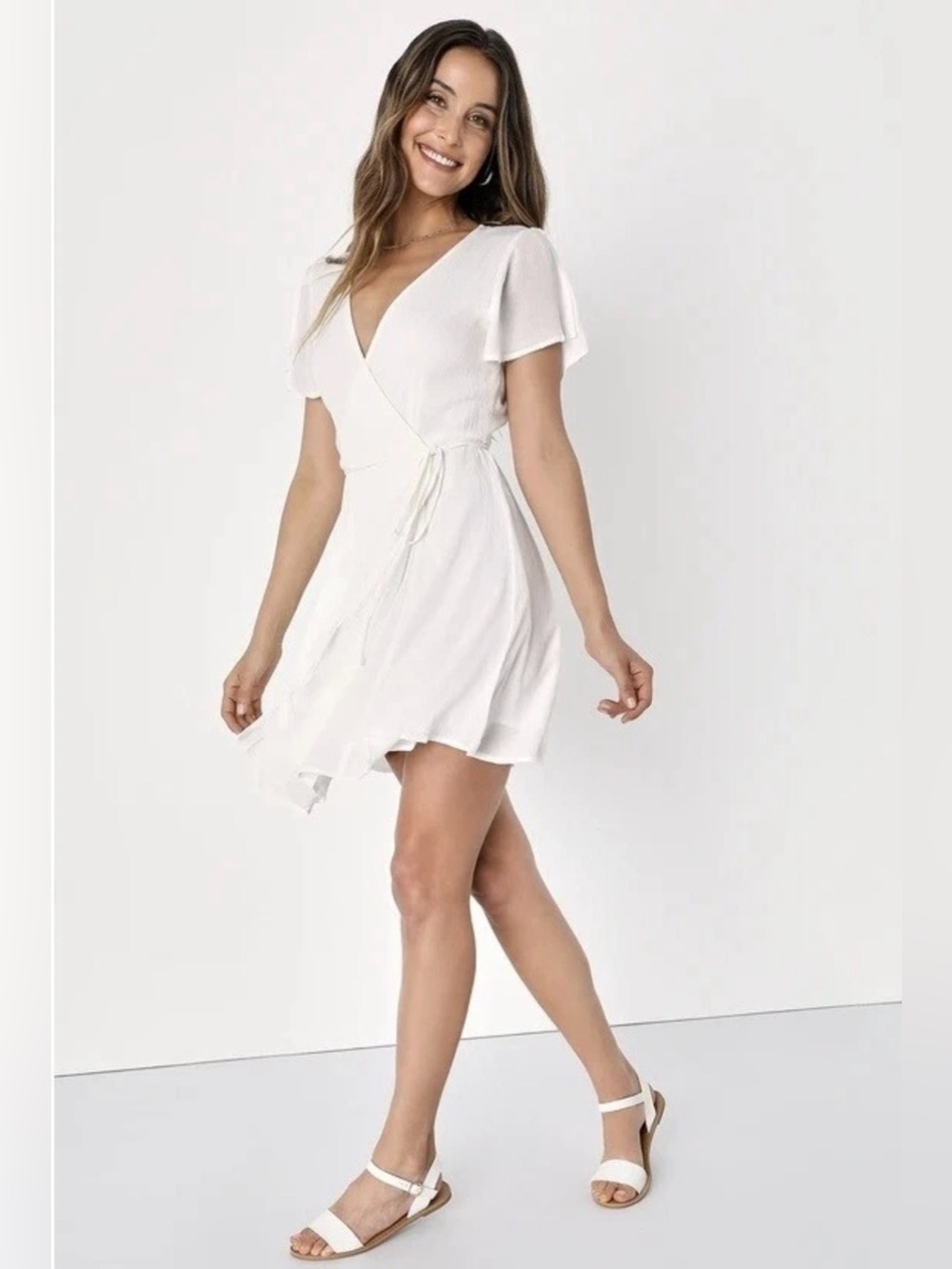 Lulus white dress XS wrap mini flutter sleeve Harbor Point summer gauzy tie